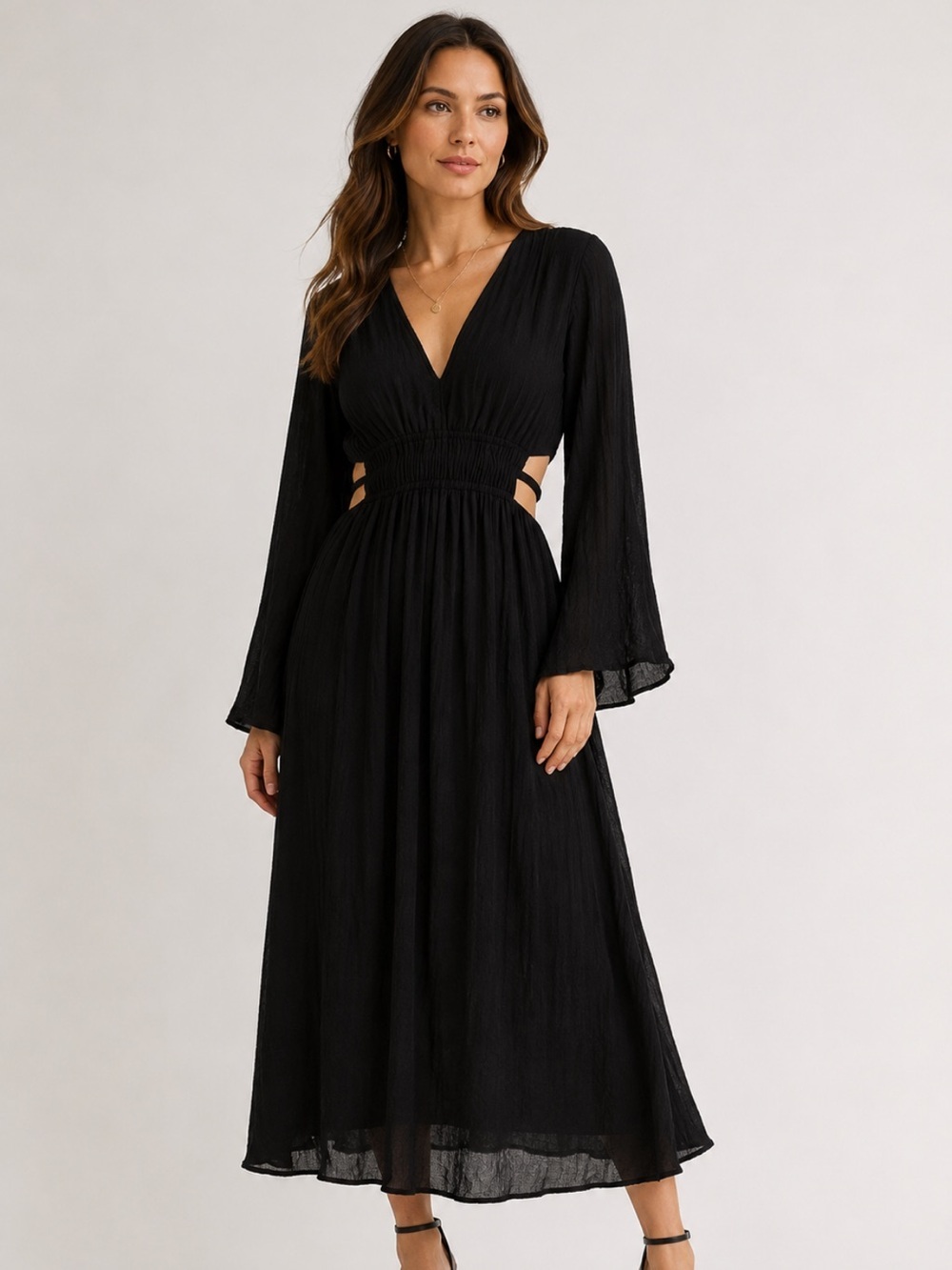 Justify Black V-Neck Long Sleeve Maxi Dress with Side Cutouts